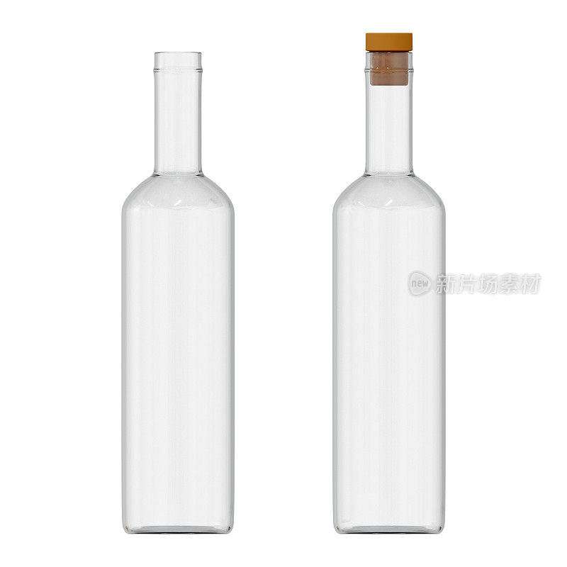 3D玻璃瓶，可装伏特加、杜松子酒、威士忌等饮料，容积500毫升。模拟空瓶打开和关闭的盖子上一个白色孤立的背景。3 d渲染插图。